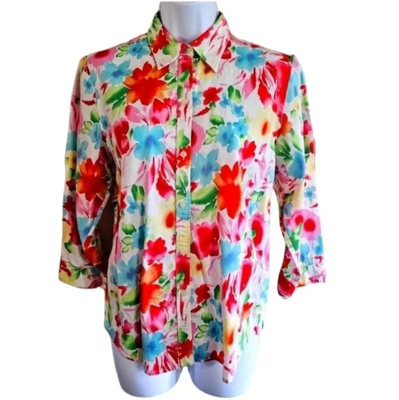 Chaps Floral Watercolor Button Down Shirt M Cotton Spring Garden Preppy Top - Picture 2 of 7